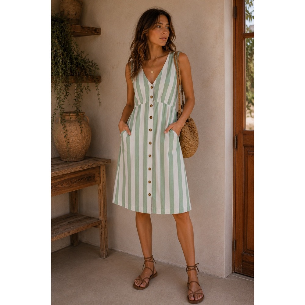Pact Green and White Striped Button-Front Midi Dress